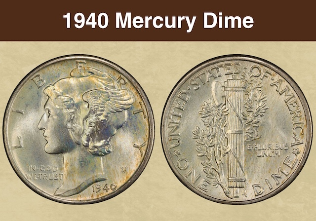 1940 Mercury dime showing Liberty obverse and fasces reverse