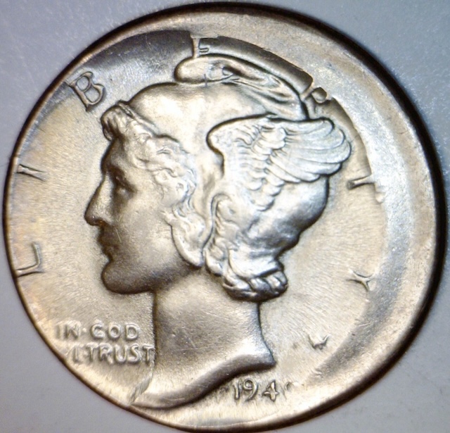 1940 Mercury dime off-center strike error showing misaligned design