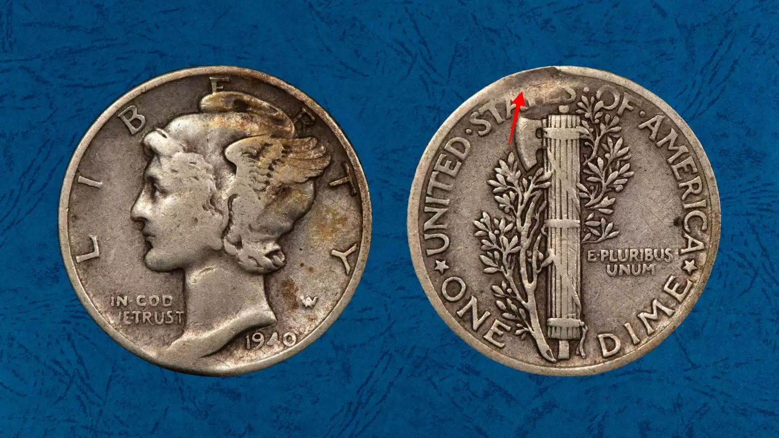 1940 Mercury dime clipped planchet error showing missing section at coin edge