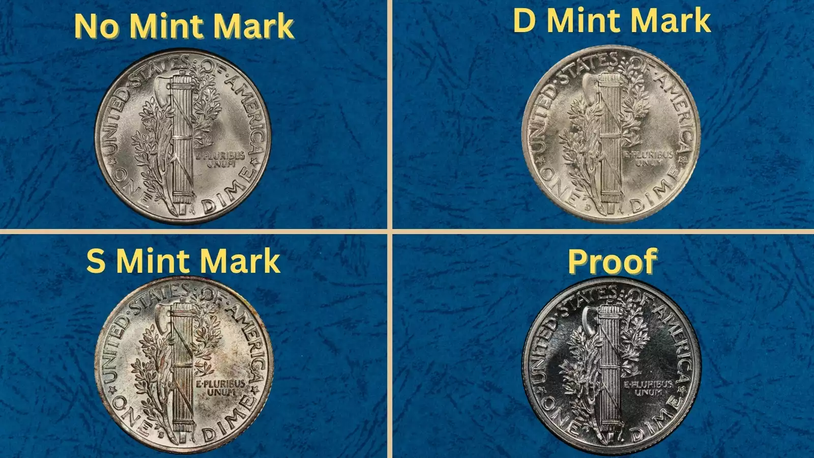 Mercury dime grading strip showing four condition tiers from worn to gem mint state